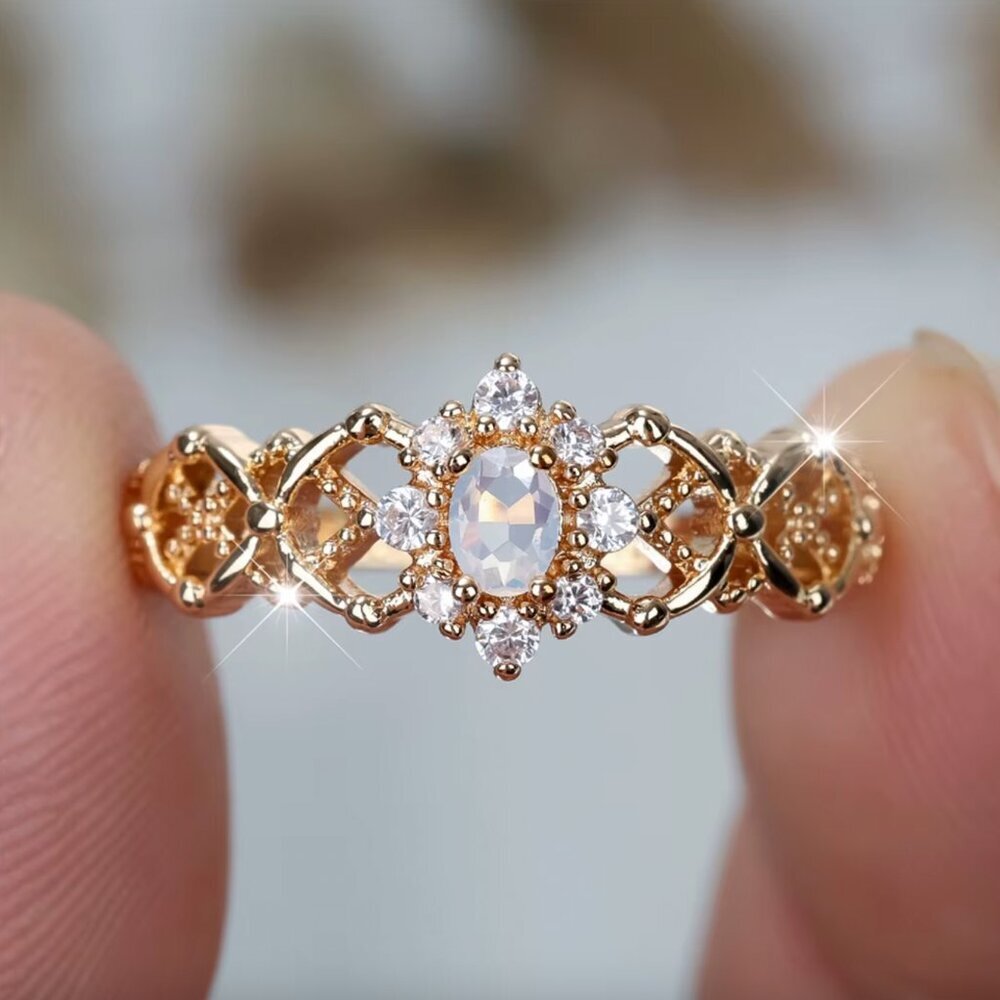 NEW 18k Yellow Gold White Opal Diamond Ring Oval Cut Ring Opal Solitaire Ring